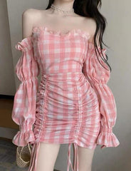 Off Shoulder Plaid Print Drawstring Dress