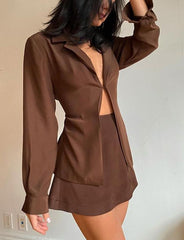 Two Piece Brown Mini Skirt and Solid Color Shirt Top set