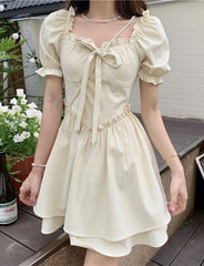 Bowknot Decor Puff Sleeve Short Dress For