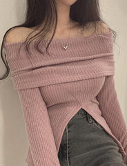 Solid Color Off Shoulder Ribbed Knit Top