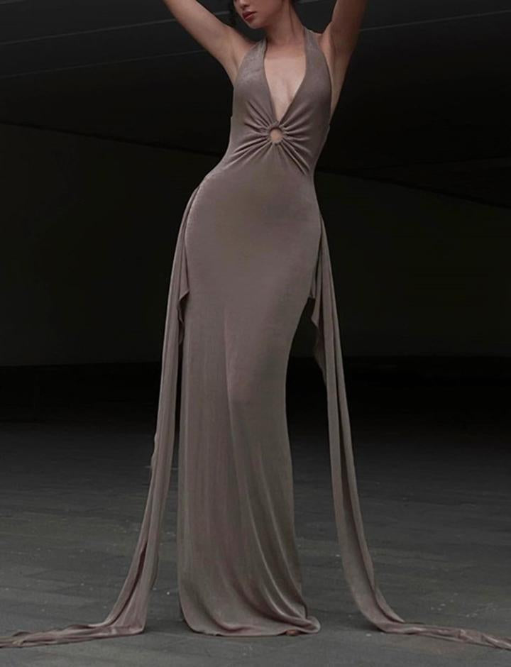 O-ring Decor Halter Bodycon Maxi Dress