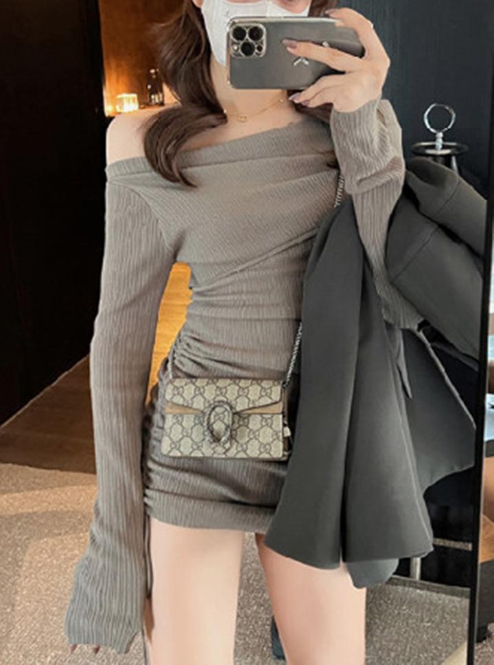 One Shoulder Drawstring Pleated Long Sleeve Bodycon Dress