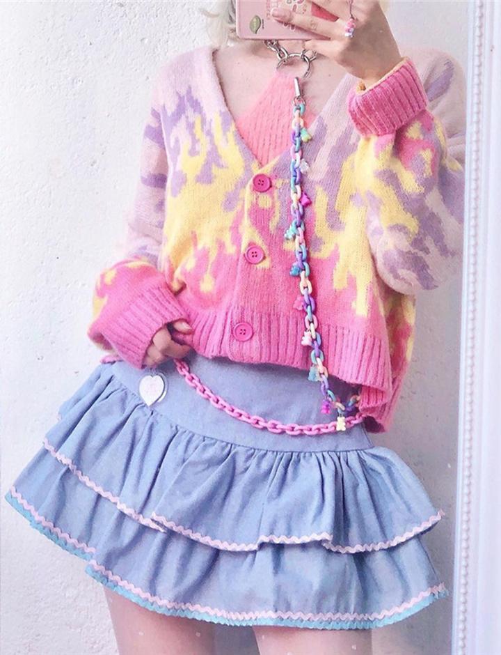 Pink and Purple Flame Button Knit Cardigan