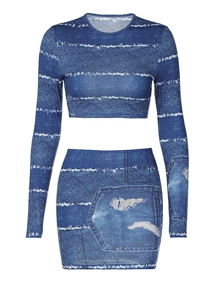 Denim Print Long Sleeve Hip Cover    Bolero Crop Top And Skirt Set