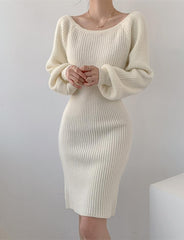 Solid Color Off Shoulder Rib Knit Dress