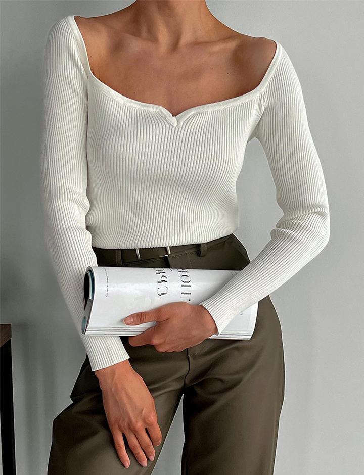 Solid Color Sweetheart Neck Rib Knit Top