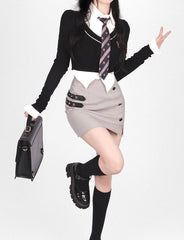Knitted Preppy Style Three-piece Long-sleeved Waist Suit Skirt