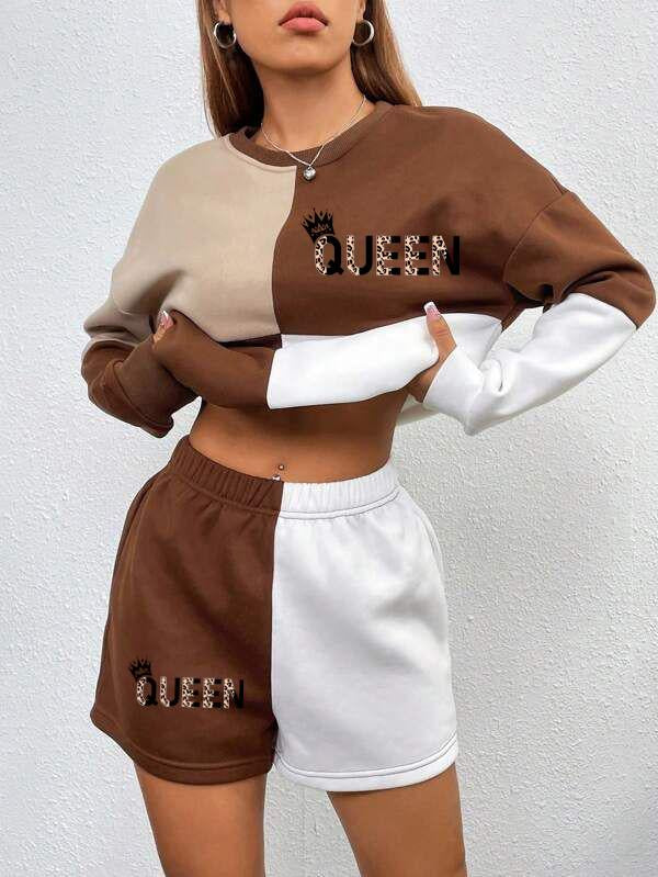 Brown Color Block Print Round Neck Sweatshirt & Shorts