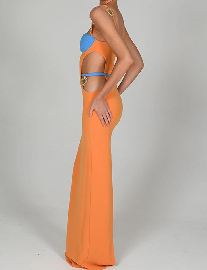 Metal Shell Decor Colorblock Cut-out Bodycon Maxi Dress