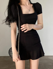 Square Collar Pleated Slim Knitted Black Little Dress