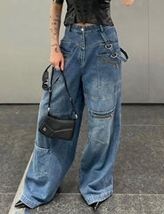Vintage Pocket Zipper Decor Loose Jeans