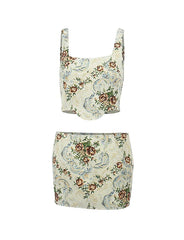 Vintage Floral Embroidery Corset Top and Mini Skirt Two Piece Set