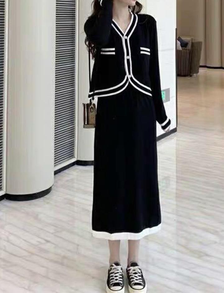 Striped Trim Cardigan With Midi Skirt Set