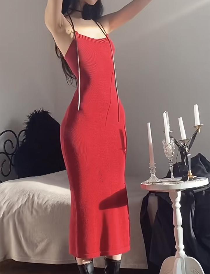 Vintage Red Knit Slim Back Tie Long Dress