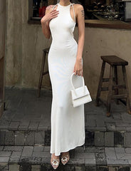 Summer Knitted Backless Slim Fishtail Strapless White Dress For