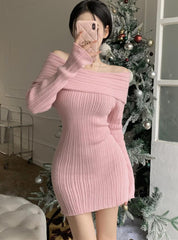 One-shoulder   Slim Long-sleeved Knitted Dress