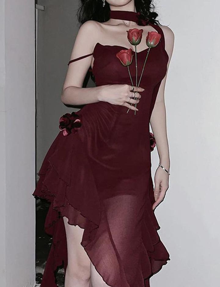 Elegant Ruffled Ribbon Flower Sling Slim Dress