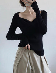 Solid Color Sweetheart Neck Knit Top