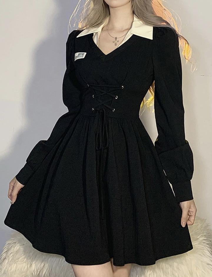 Slim High Waist Lapel Tie Long Sleeve Dress