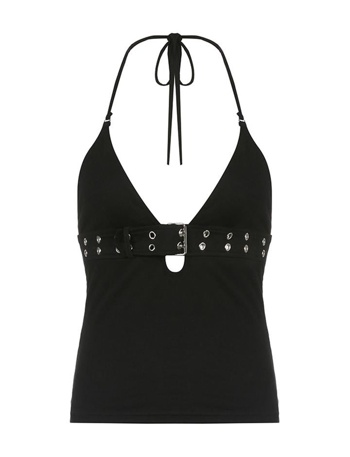 Black Buckle Deep V Neck Halter Camisole