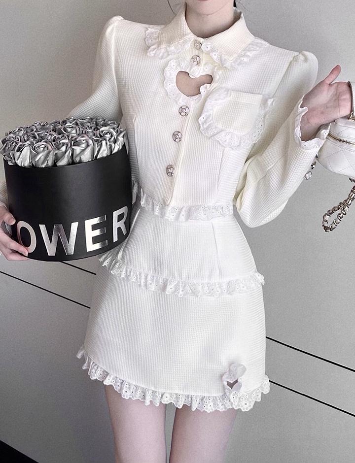 Hollow Doll Collar Short Coat High Waist Skirt Two Piece Set