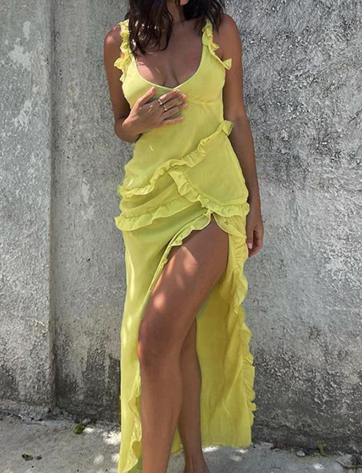 Gathered Ribbon V-Neck Irregular Maxi Dress