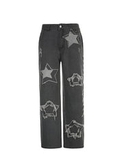 Star Patched Frayed Trim Mid Waist Jeans