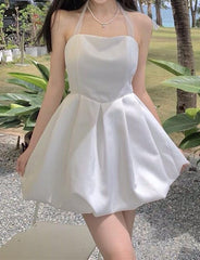 Solid Color Halter Neck Bud White Sundress Dress For