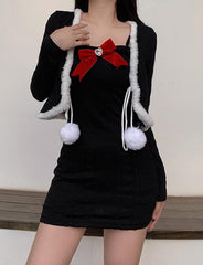 Faux Fur Trim Cardigan With Bowknot Decor Dress Set