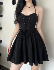 Waist Tie Long Sleeve Lace-Up Two-Piece Halter Black Dress