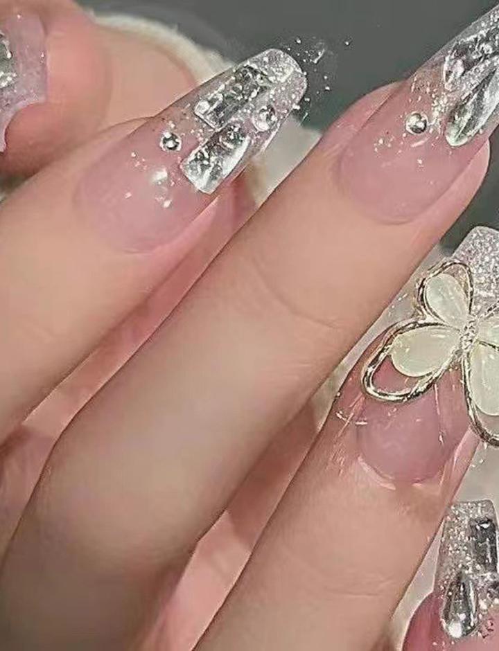 24pcs Silver Butterfly  Long Press On Nails
