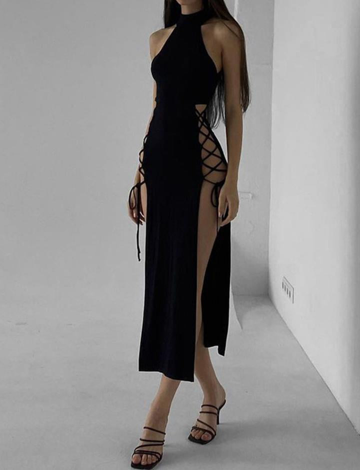 Black   Halter Neck Hollow Double Slit Dress  For