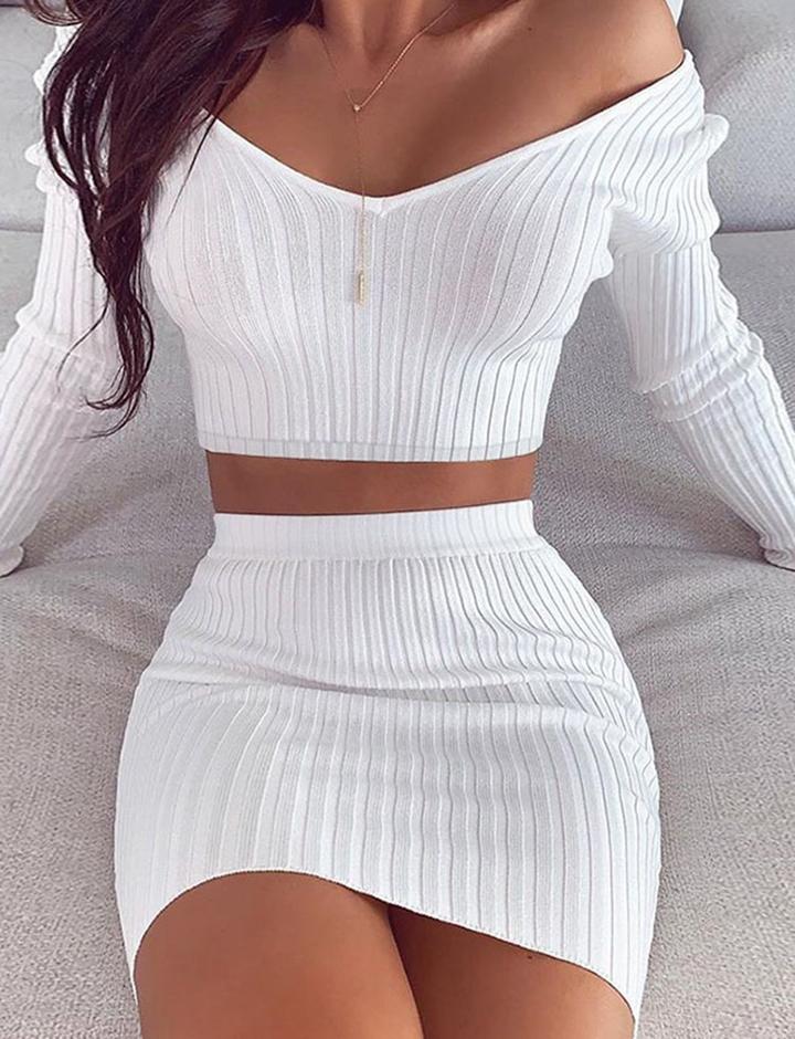 Long Sleeve Solid Color   Two-Piece Skirt Set