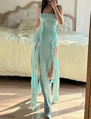 High Split Ruffle Halter Tube Maxi Dress For