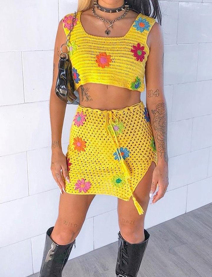 Colorful Flower Crochet Tank Top and Mini Skirt Co ord Set