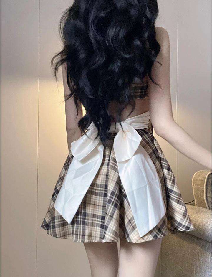 Plaid Print Bowknot Summer   Slip Short Dress