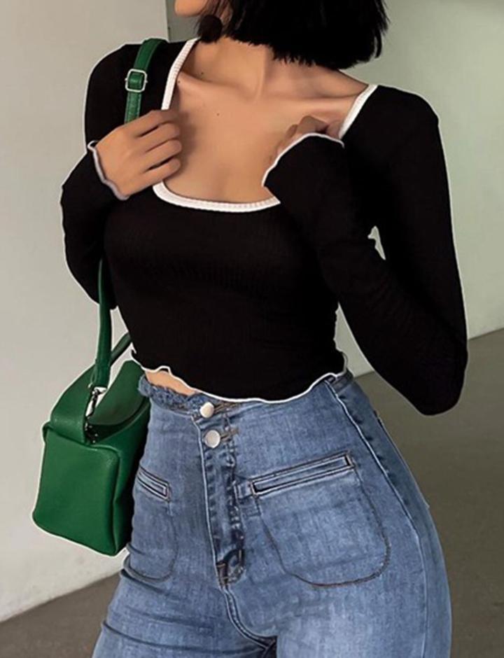 Contrast Tape Patched Square Neck Crop Top