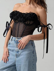 Flower Decor Knot Shoulder See-through Corset Top