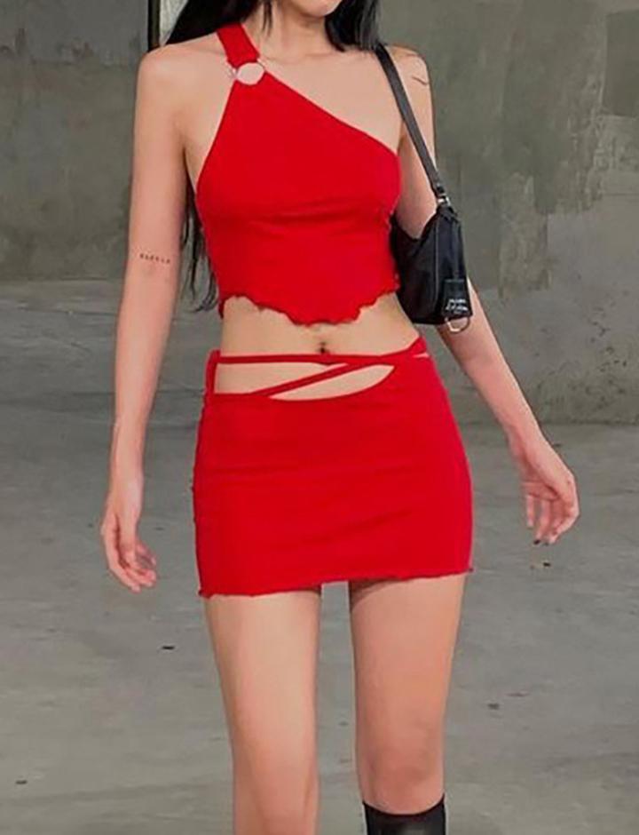 Red Strapless Vest Slim Short Skirt Casual Suit