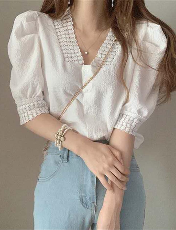 Vintage V-neck Peated Puff Sleeve Lace Shirt