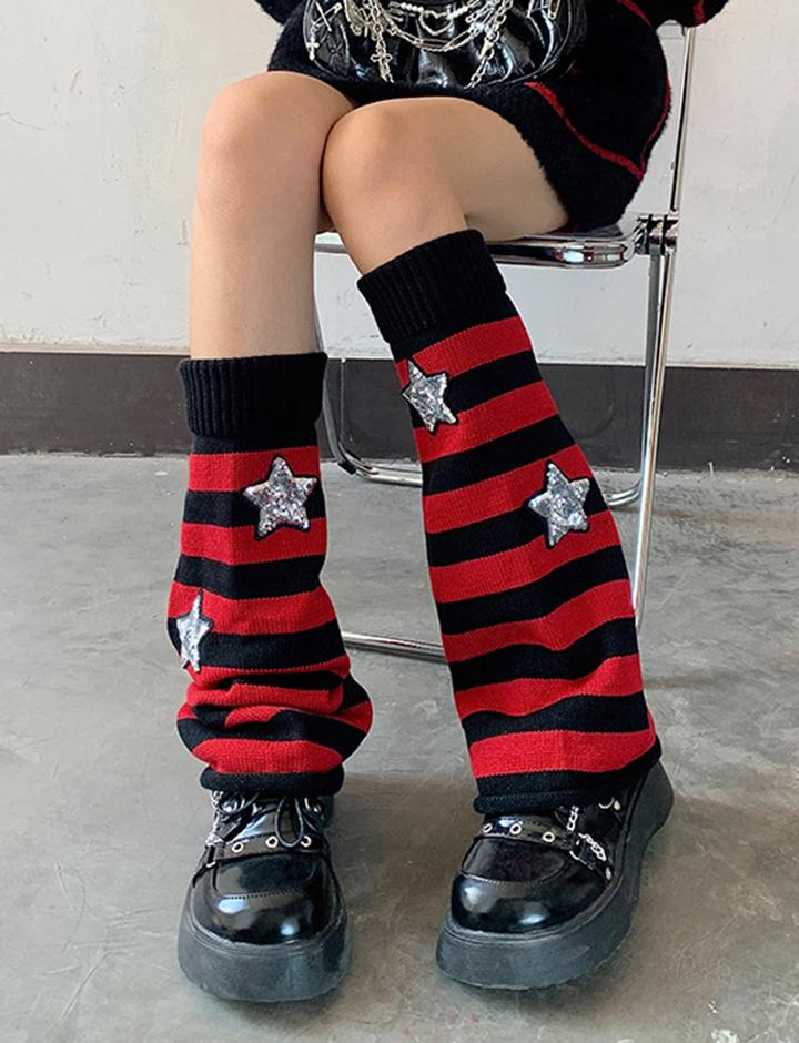 Black and Gray Striped Star Pile Socks