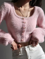 Retro Pink High Waist Short Slim Fit Slim Long Sleeve Sweater