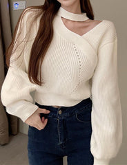 Lantern Sleeve Halter Neck Loose Knit Ladies Sweater