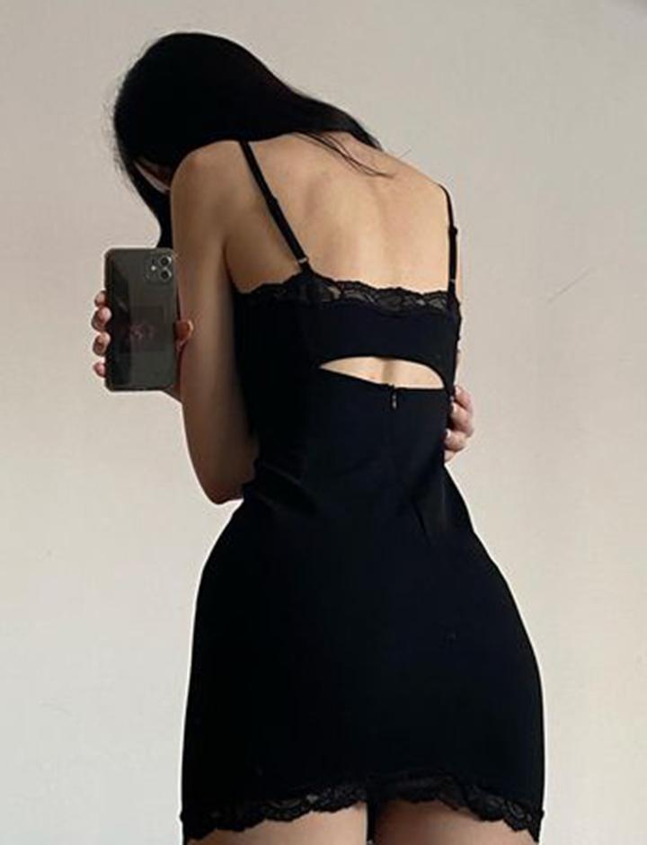 Strappy Lace Backless Black Tunic Dress