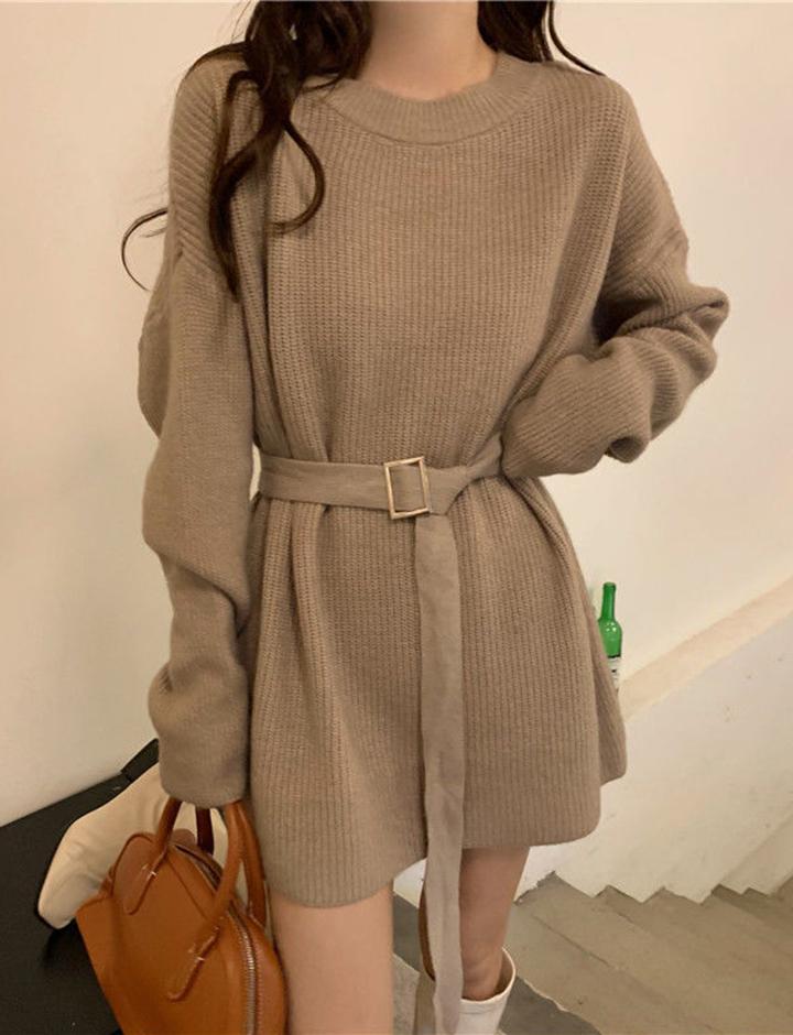 Crew-neck Baggy Belt Knit Dress