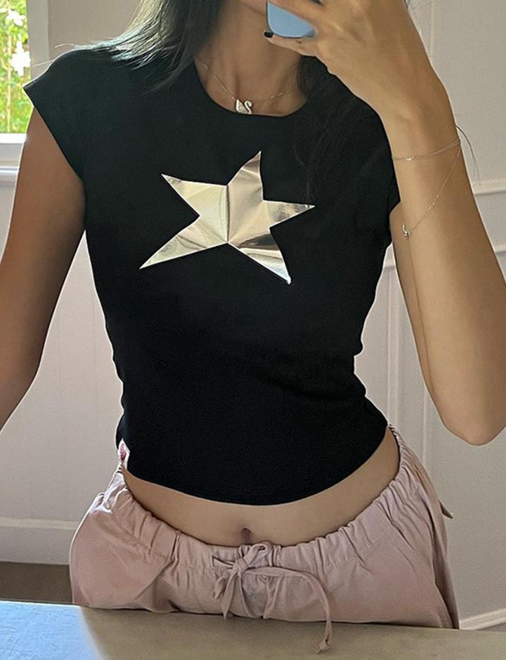 Mirror Star Print Slim Fit Short Short Sleeve Top with Navel