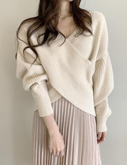 Solid Color Cross V Neck Loose Sweater For