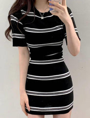 Contrast Striped Knit Wrap Hip Dress