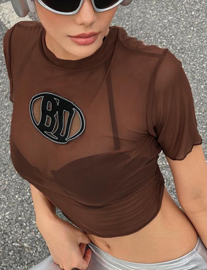 Letter Embroidered Mesh See Through Crop T-shirt