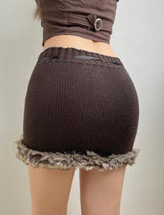 Faux Fur Trim Patched Knit Skirt